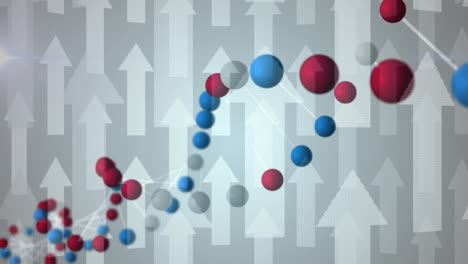 animation of dna strand spinning and data processing over arrows on grey background