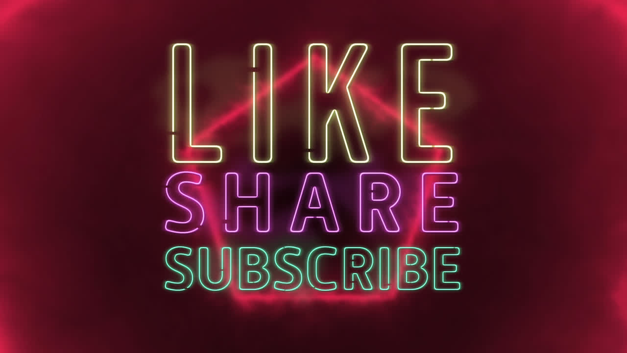 Like share subscribe written in flashing neon with colorful hexagon outlines on black background