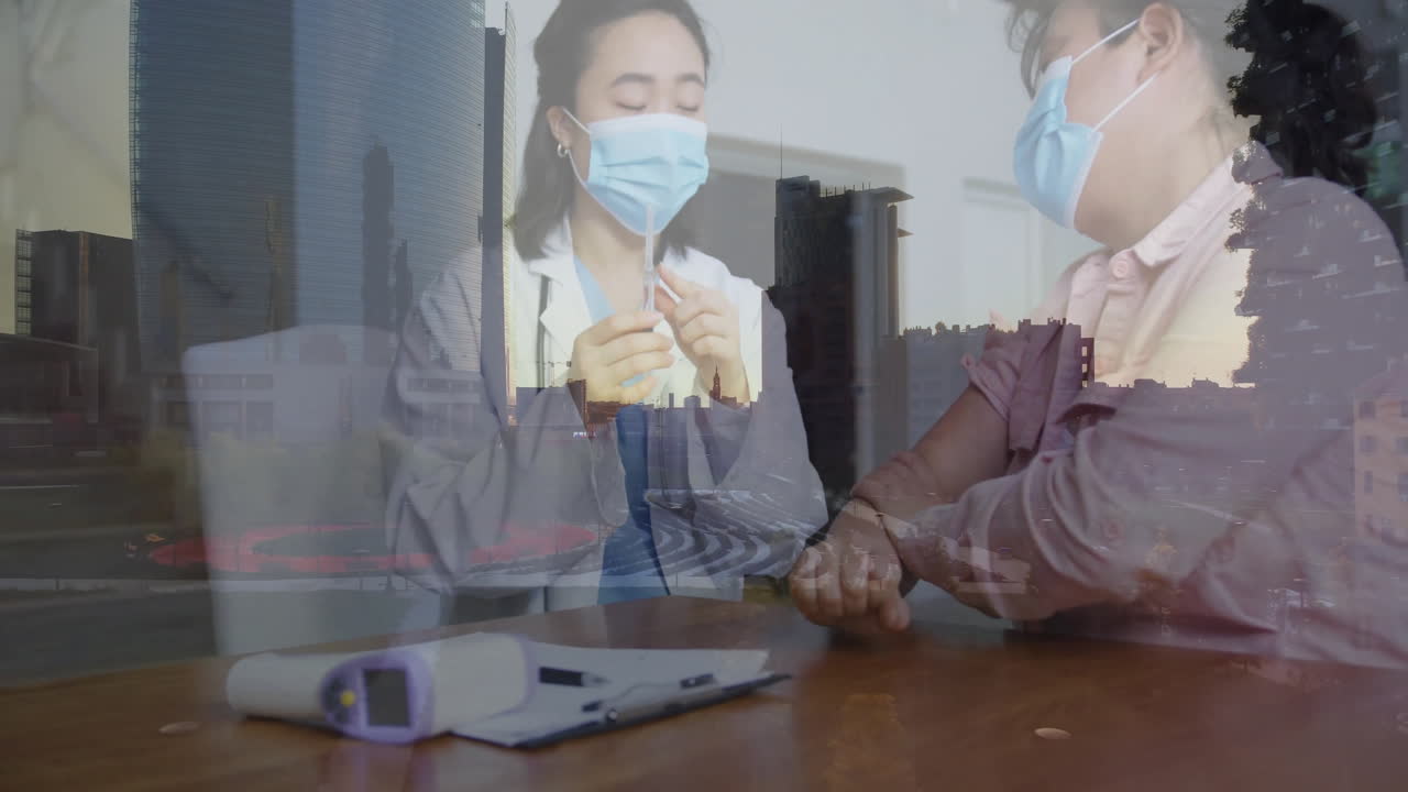 Wearing masks, healthcare professionals interacting over cityscape animation background