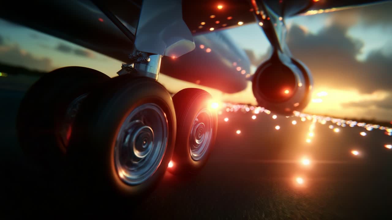 A stunning close-up view of an aircraft's landing gear wheels illuminated by twilight. The image captures the intricate details of tire tread and reflections as the plane prepares for takeoff or landing
