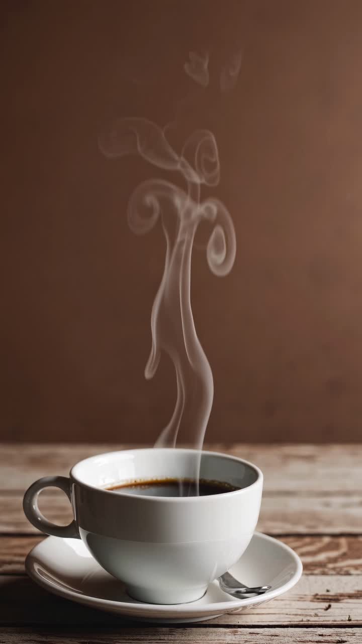A close-up, eye-level shot of a steaming coffee cup on a wooden table, with elegant steam swirls