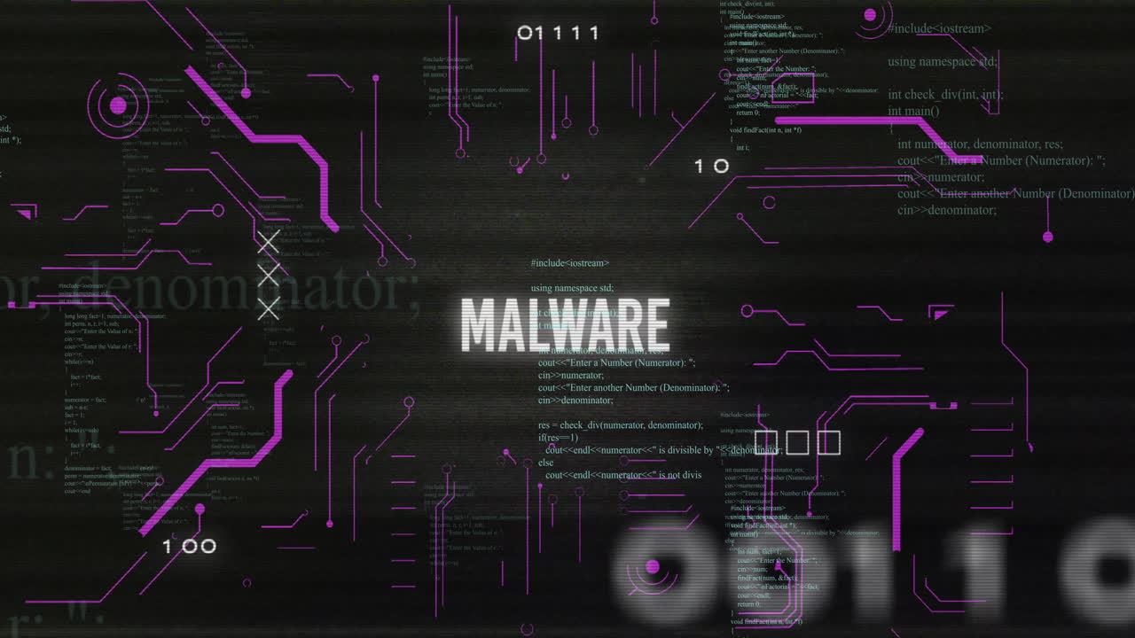 Malware text animation over digital code and binary numbers background