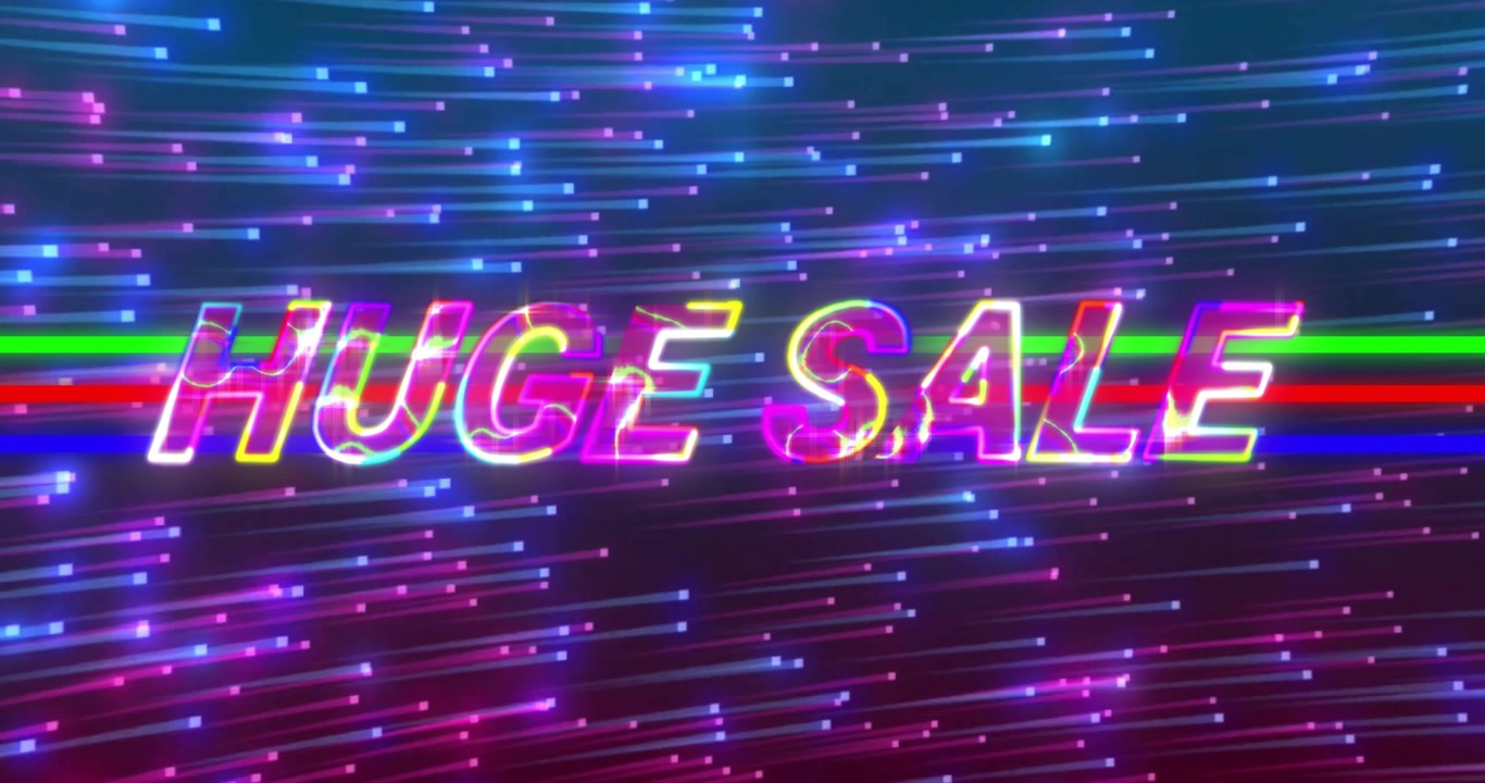 Neon-glitch huge sale text being animated over screen, showing glitch bars and moving pixel streaks
