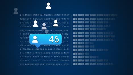 animation of social media icons with growing number over data processing on blue background