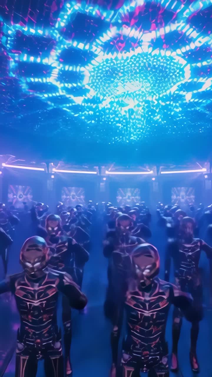 Vertical video: Upon pulsing lights, neon-suited dancers dancing to music on stage, with LED canopy