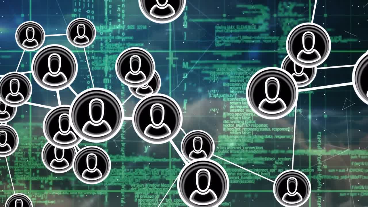 Animation of icons connected with lines over grid pattern against computer language