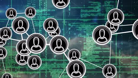 animación de iconos conectados con líneas sobre patrón de cuadrícula contra el lenguaje informático