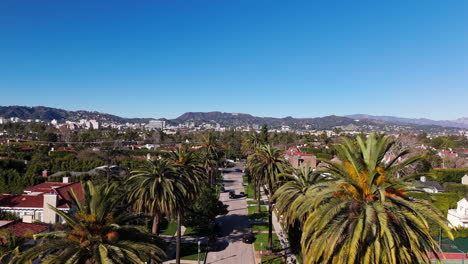 Aerial-View-of-Los-Angeles-palm-tree-lined-streets-with-mansions-and-Hollywood-sign-in-background