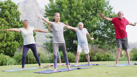 Diverse-group-of-male-and-female-seniors-practicing-yoga-together-in-sunny-garden,-slow-motion