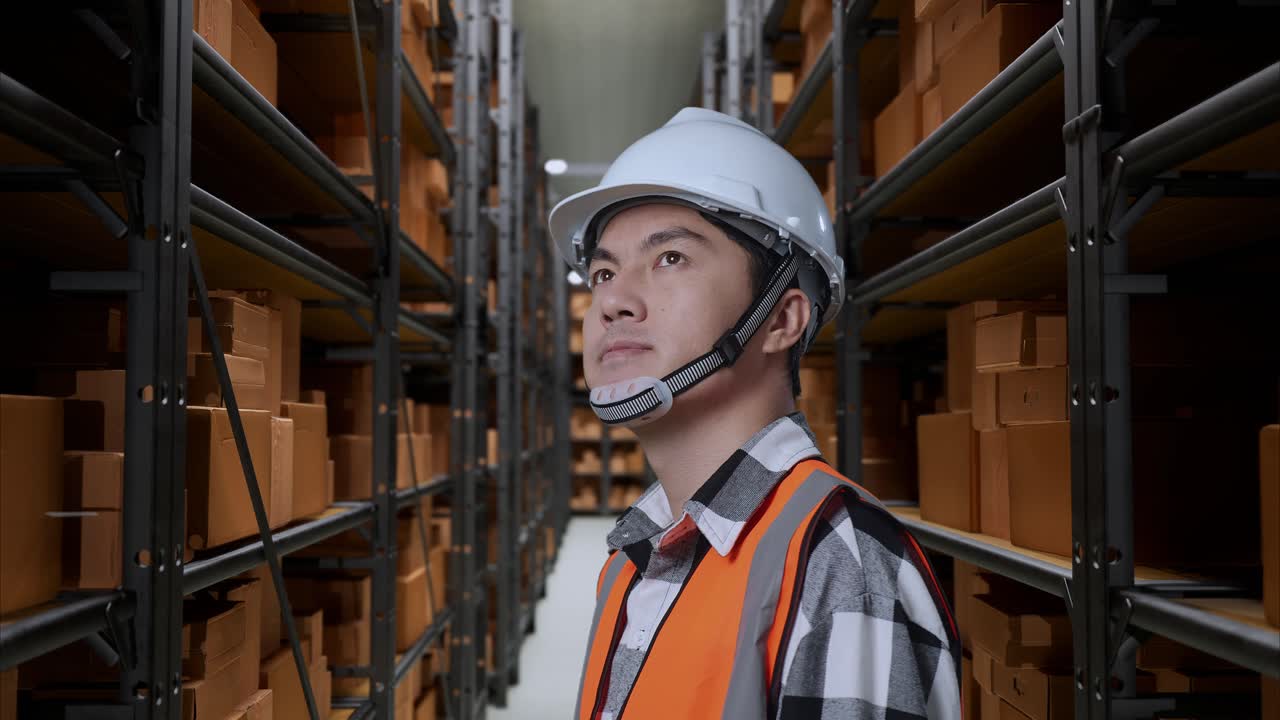 안전 헬을 입은 아시아 남성 엔지니어가 배달 물품으로 가득 찬 선반과 함께 창고에 서 있습니다.