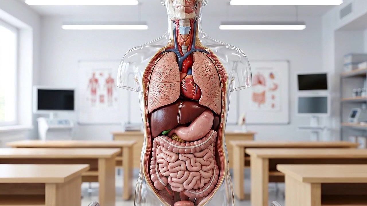 Human anatomy model with internal organs standing in medical classroom