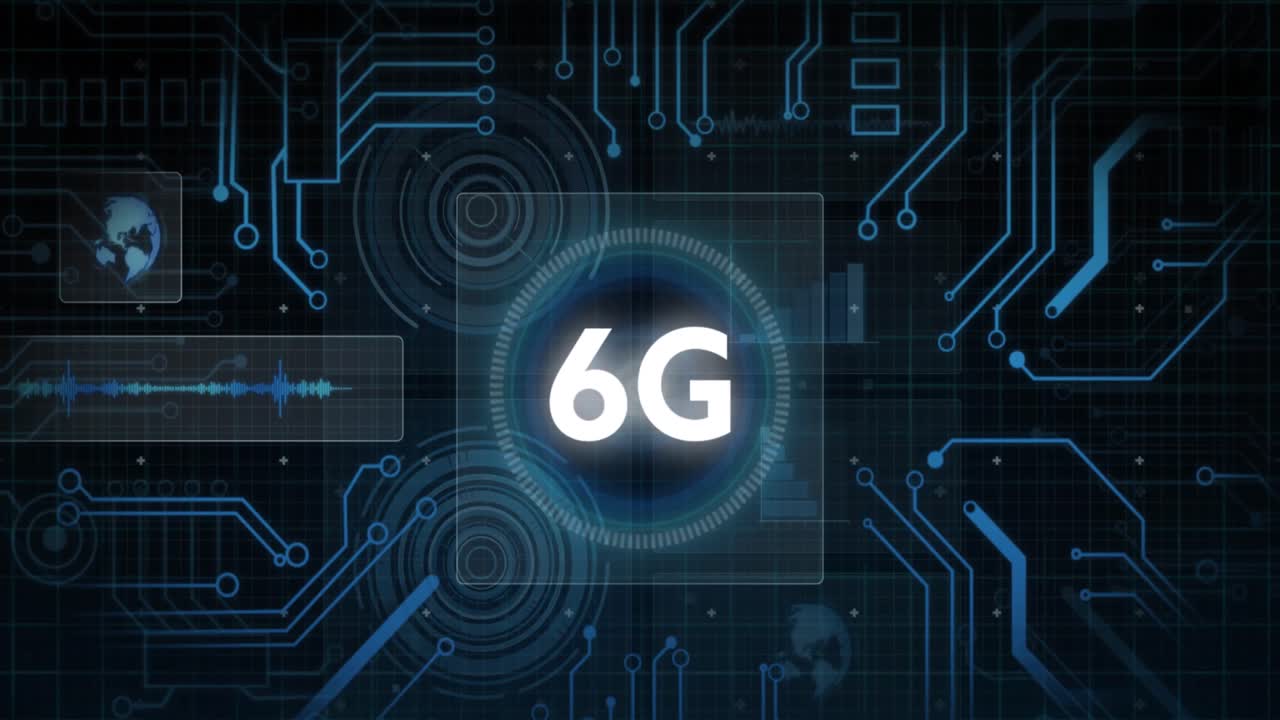 animación de texto de 6g sobre escáner redondo, conexiones de microprocesador y procesamiento de datos.