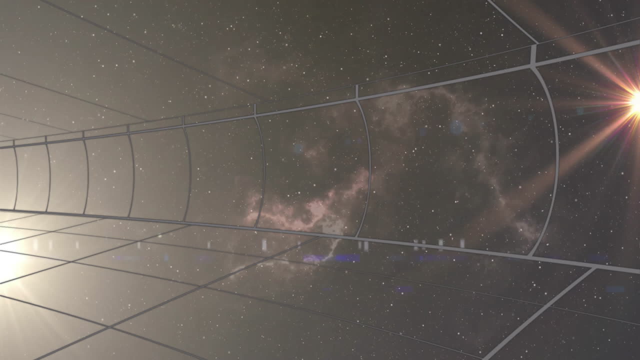 Bright light source and curved grid lines over starry galaxy animation background