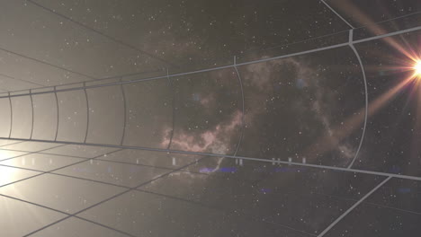 bright light source and curved grid lines over starry galaxy animation background