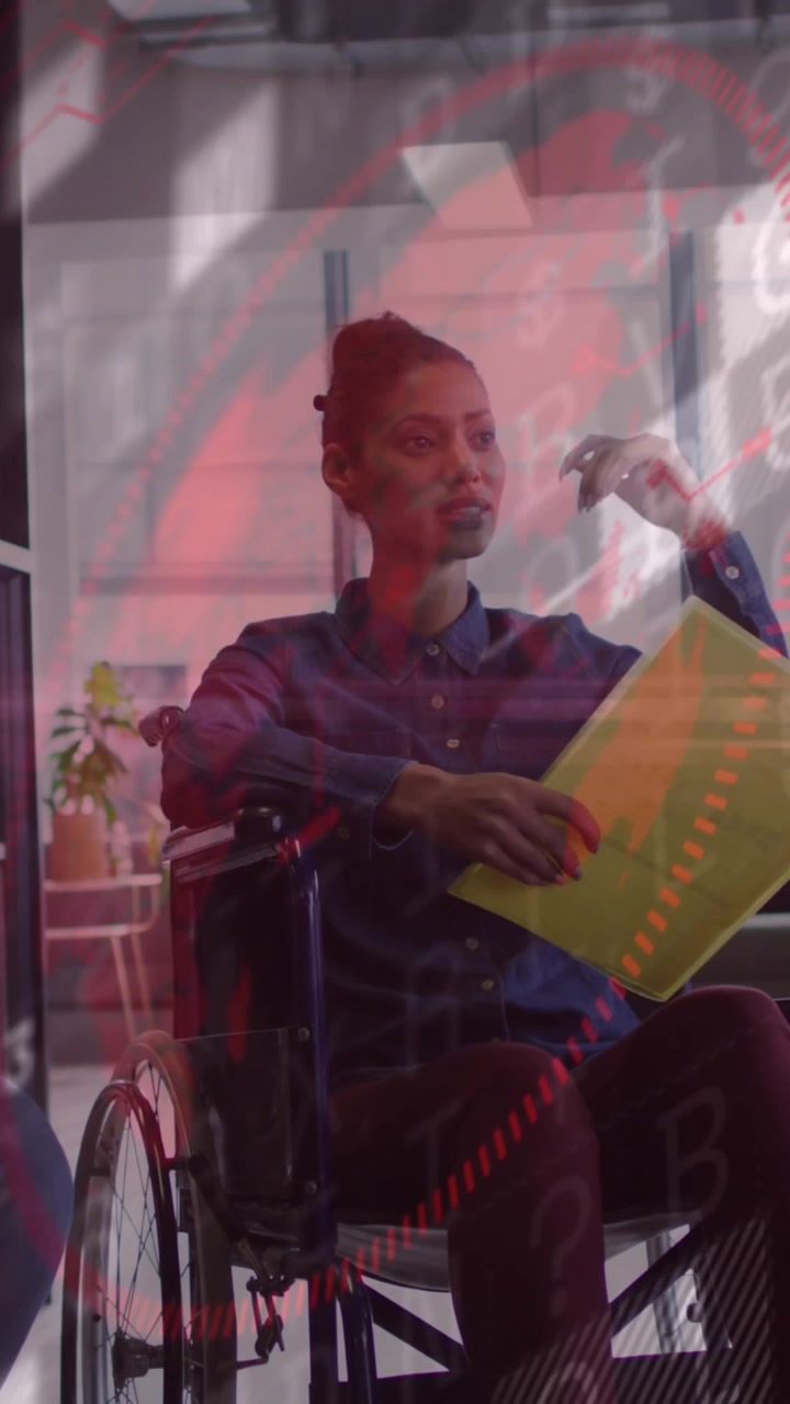 Animation of financial data processing over diverse business people in office