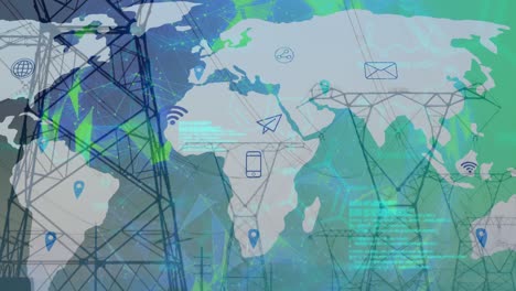 Animación-Del-Procesamiento-De-Datos-Sobre-Torres-De-Alta-Tensión-Y-Mapa-Mundial.