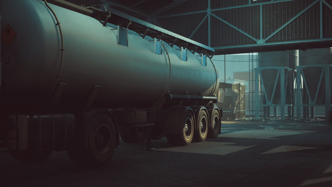 Industrial setting with a large tanker truck in a dimly lit warehouse