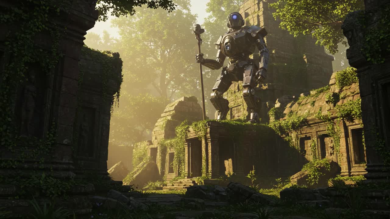 A towering metallic guardian stands watch over ancient, overgrown ruins, bathed in ethereal sunlight that filters through a lush green forest, evoking a sense of mystery and adventure