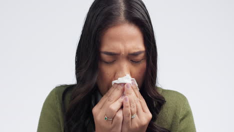 Sneeze,-sick-woman-and-allergies-with-nose-blowing
