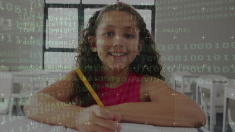 Smiling girl holding pencil with coding animation over classroom background