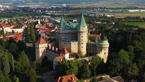 cinematic rotating drone shot of castle of spirits or bojnice castle in slovakia