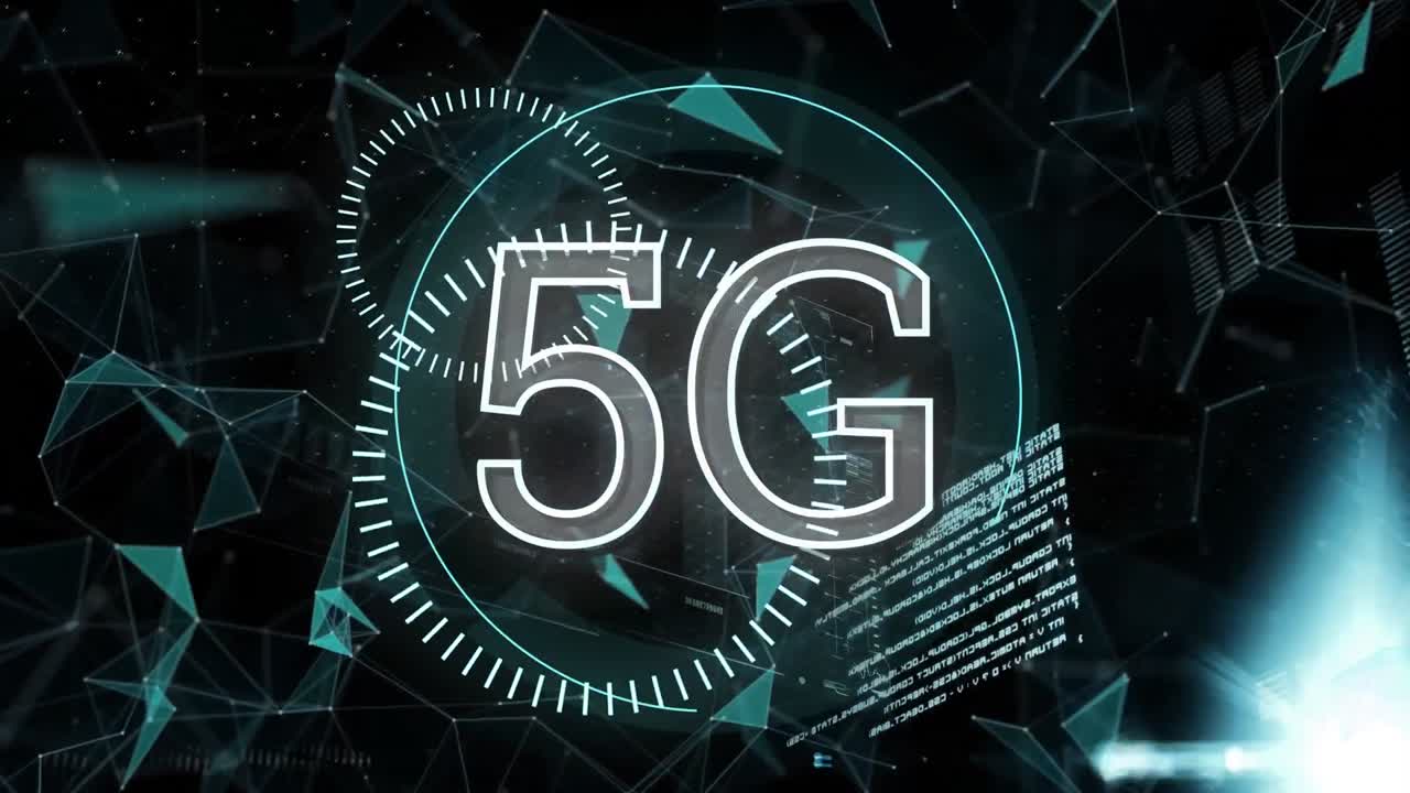 animazione di 5g scritta in lettere bianche con scansione dell'ambito e dati