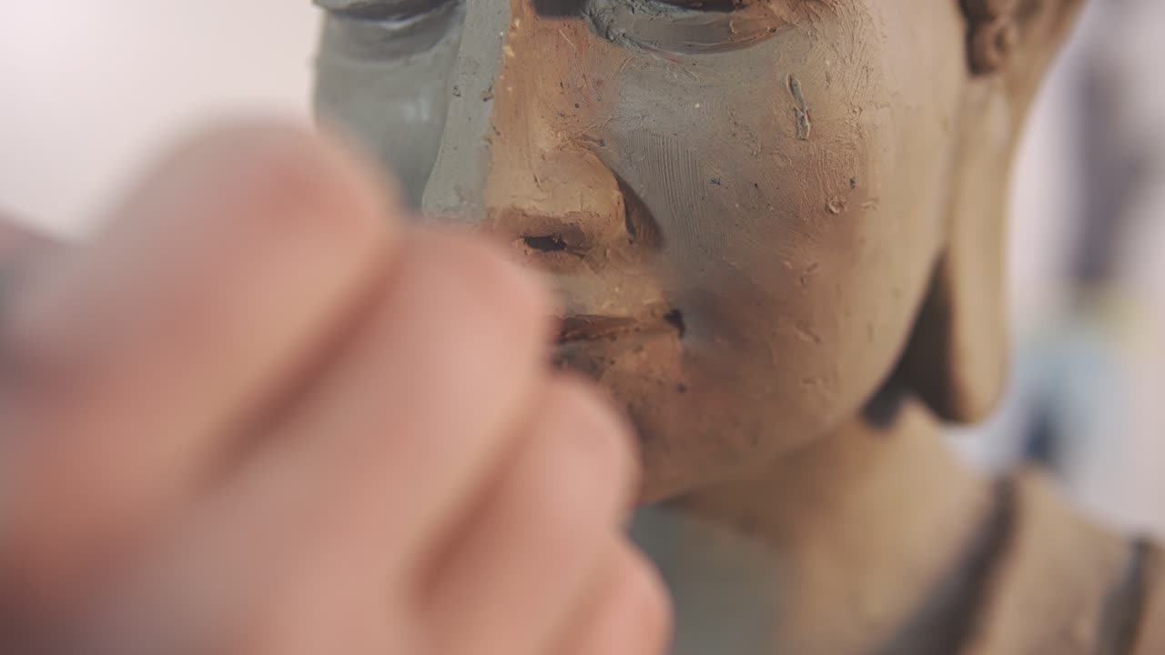 Close up of clay Buddha's statue face, artist works with details using spatula