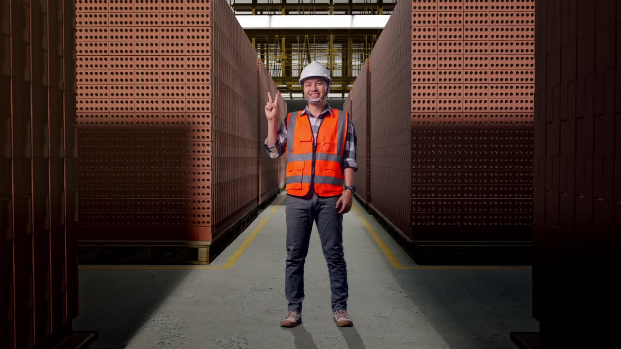 Full Body Of Asian Male Engineer With Safety Helmet Smiling And Showing Peace Gesture While Standing With Red Brick Packed in Stacks Are Stored