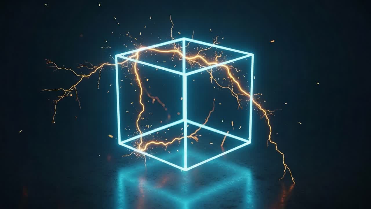 Dynamic Electric Cube with Neon Glow and Spark Effects Illustrates Modern Digital Artistry and Innovative Visualization Techniques in Motion