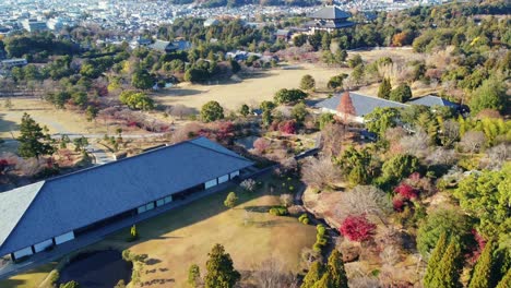 Drone-Aéreo-Panorámico-Hacia-Arriba-Revela-Hacia-El-Gran-Templo-Japonés-Templo-Todaji-En-Nara-Japón