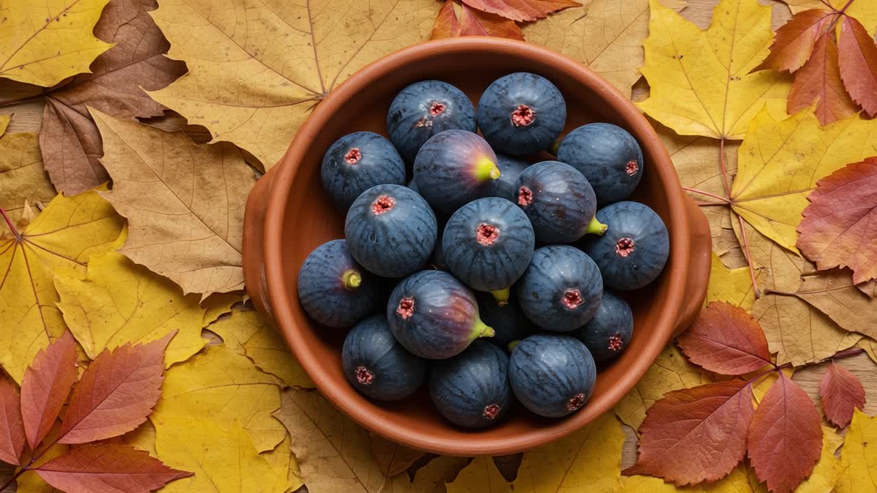 A Cozy Autumn Display of Fresh Figs in a Rustic Bowl Surrounded by Colorful Fallen Leaves, Perfectly Showcasing the Richness of Seasonal Produce