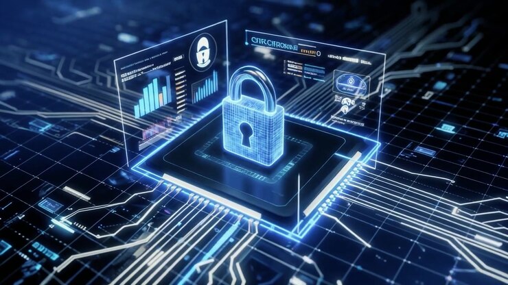 Concetto di sicurezza digitale con lucchetto luminoso su circuito stampato