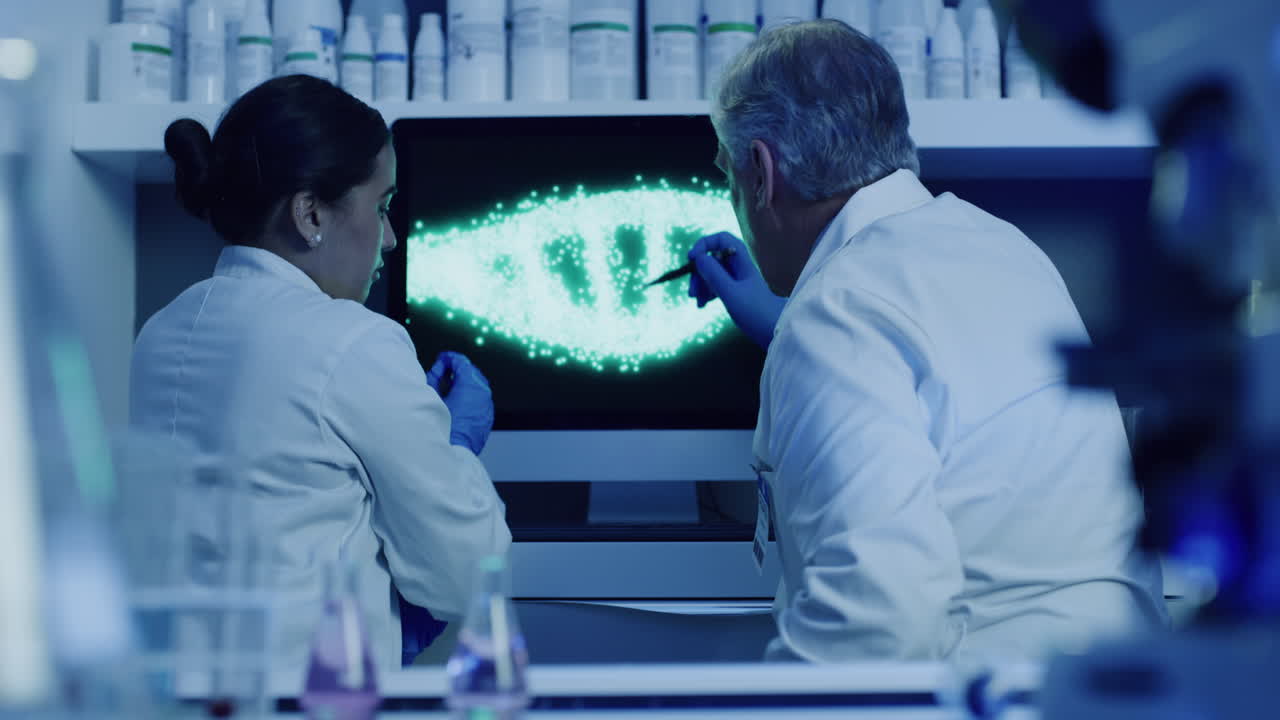 실험실 과학자 들 의 팀 이 dna 에 대해 논의 하고 있다