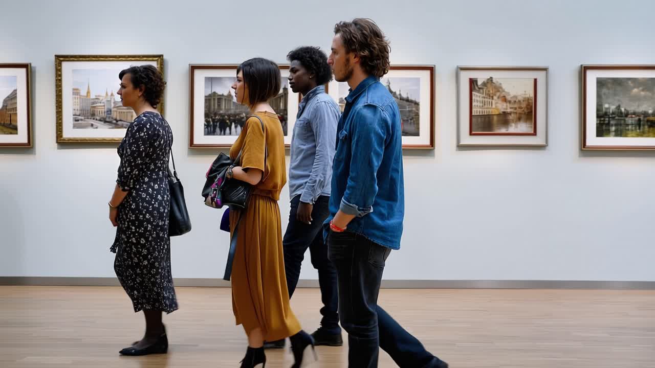 Cinque persone visitano una galleria d'arte. Si fermano ad ammirare dipinti incorniciati su pareti bianche. Ogni visitatore mostra una tranquilla curiosità. Pavimenti in legno e illuminazione soffusa completano la scena.