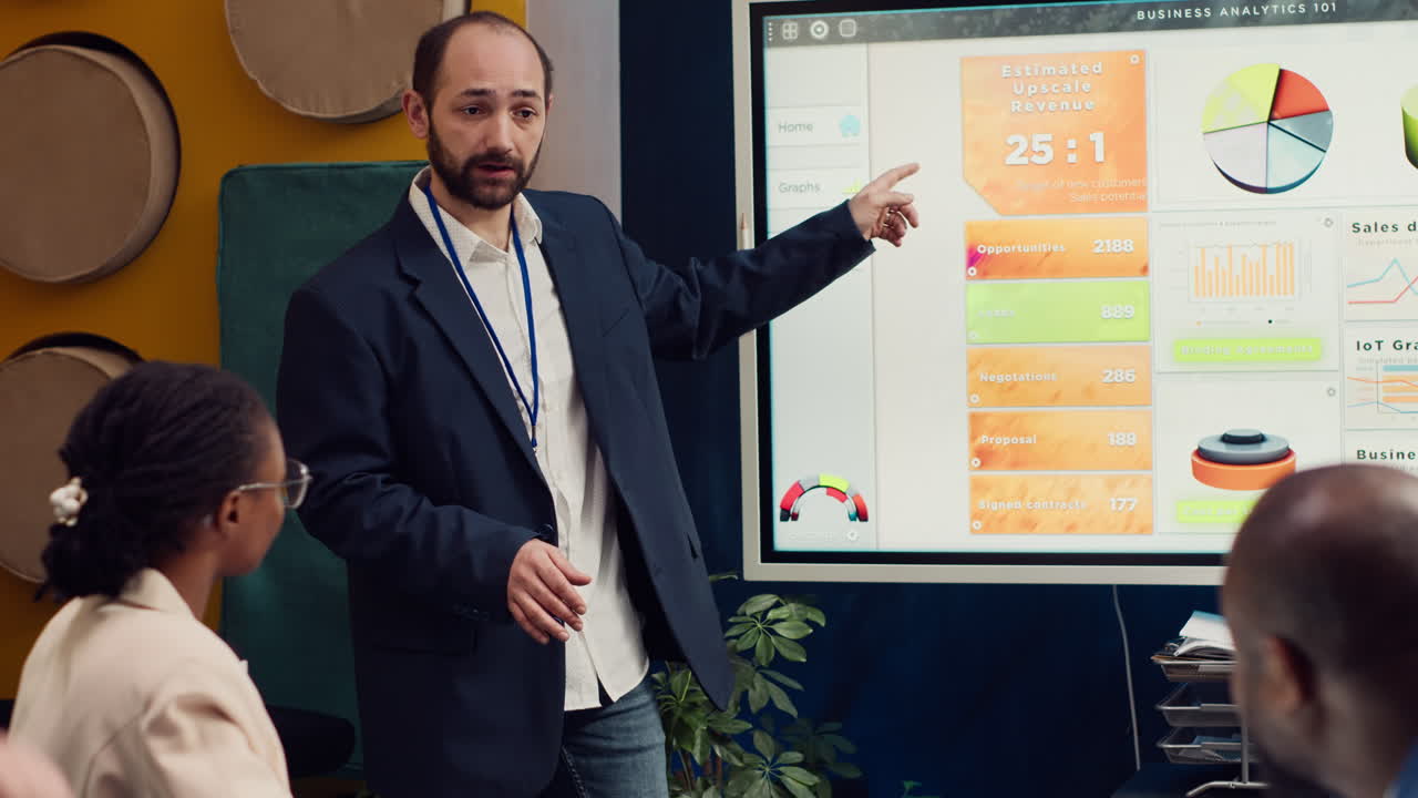 consultor de gestión reuniendo a sus empleados para una reunión de actualización de estado