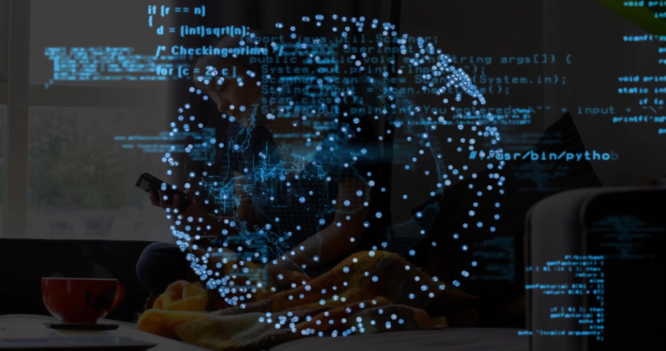 woman sitting sofa rotating sphere projection reaching smartphone and interacting scrolling code