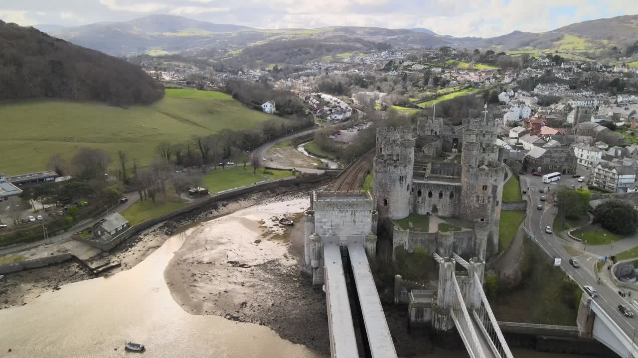 United Kingdom, Conwy castle, beautiful castle in Wales, full view with bay