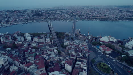 Aerial-drone-flight-with-view-on-two-bridges-and-Istanbul-city-on-a-gloomy-day-with-a-cloudy-sky,-copy-space-and-slow-motion