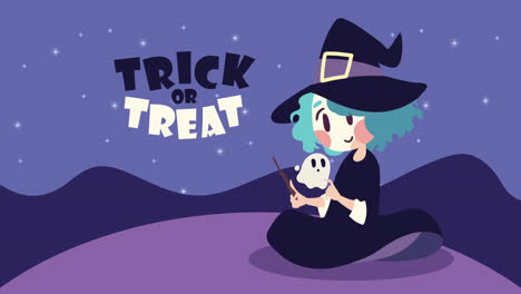 happy halloween animation with witch and ghost