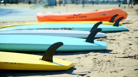 surfbretter aufgereiht an einem urlaubstag für touristen am strand von santa monica, kalifornien