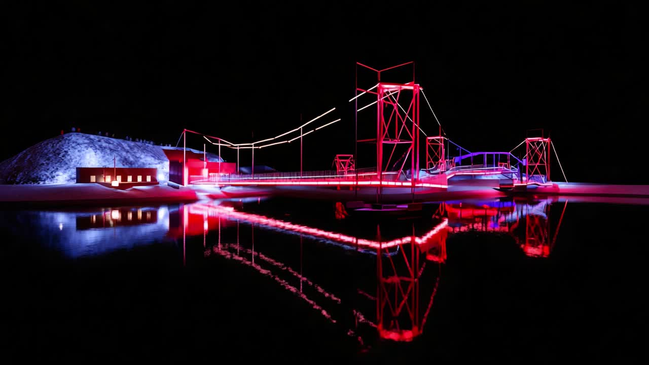 A mesmerizing display of illuminated architecture at night, featuring a striking bridge and scenic reflections on calm water, showcasing artistic lights that enhance the landscape's allure