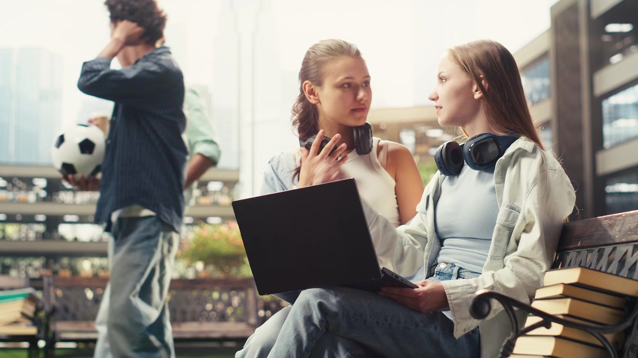 Studentinnen arbeiten gemeinsam am Laptop, während sie auf einer Campusbank sitzen.