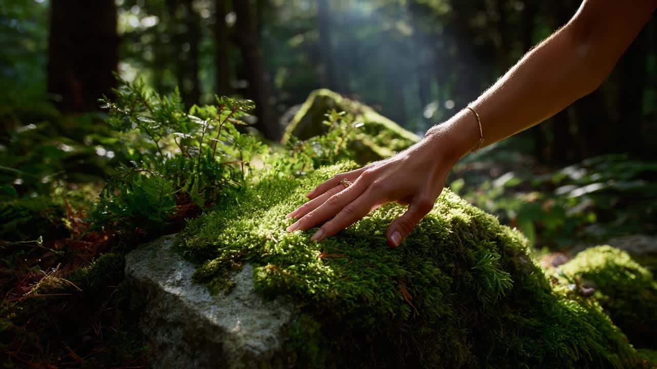A Serene Moment in Nature: The Gentle Touch of a Hand on Soft Green Moss, Capturing the Tranquility and Beauty of the Forest Environment with Sunlight Filtering Through Trees