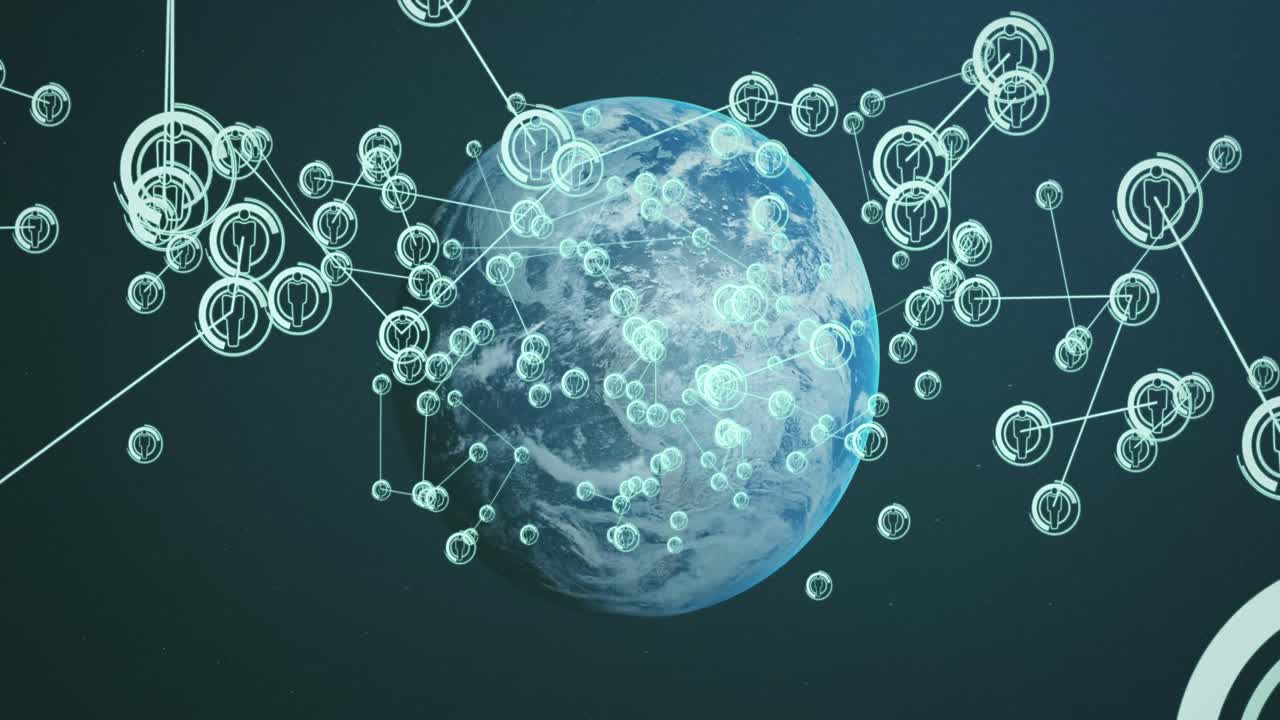 검은 바탕에 전 세계에 있는 아이콘으로 연결된 네트워크의 애니메이션