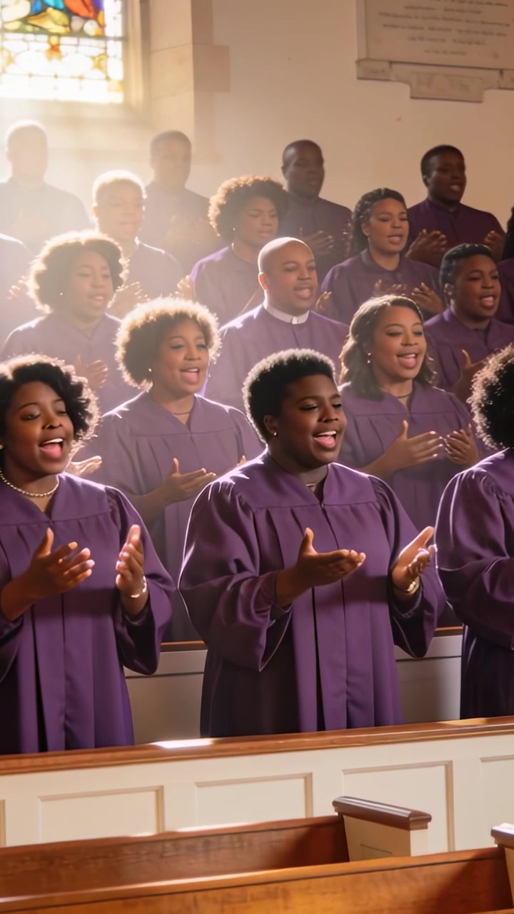 Vertical video: Singing centered church choir following conductor cue in sanctuary in purple robes