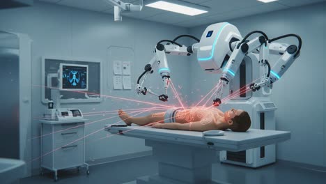 advanced robotic surgery: a high-tech medical procedure utilizing precision robotics and laser technology in an operating room setting