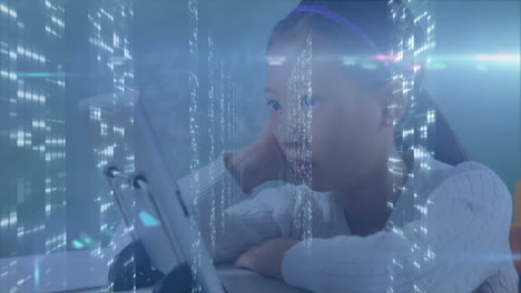in school, child using tablet with animation of digital data streams overlaying