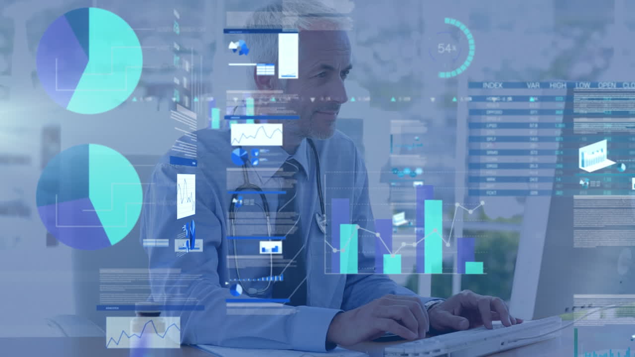 procesamiento de datos financieros contra el médico caucásico masculino usando computadora