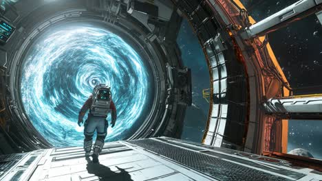 astronaut at a wormhole portal in space