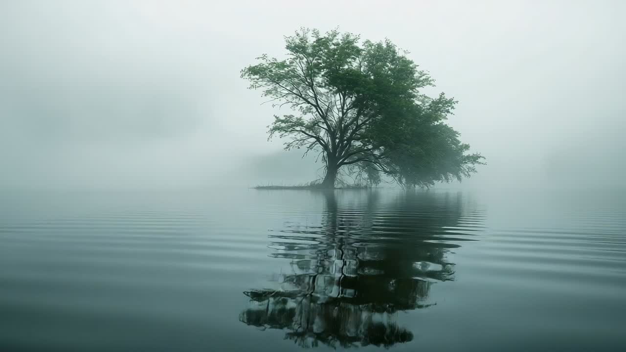 Subtle waves starting near tree reflection, solitary deciduous tree standing on tiny island in mist